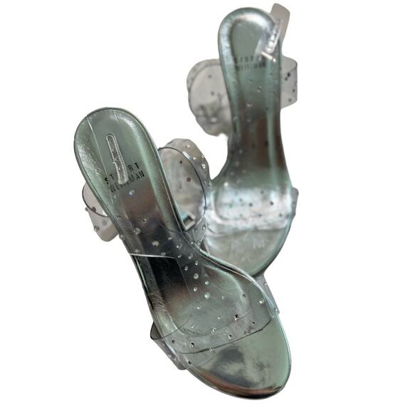 Stuart Weitzman Clear Silver Crystal Embellishments T-Strap Sandal Heels size 7 - Picture 7 of 11